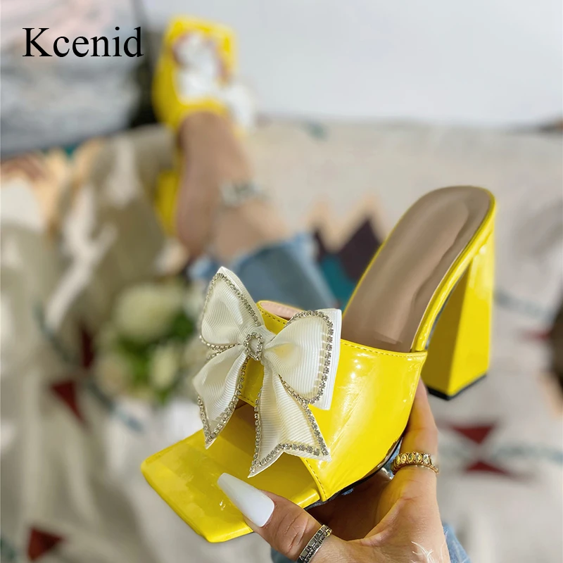 Kcenid Fashion Mesh Butterfly-knot Women Slippers Square Toe Street Style High Heels Sandals Women Summer Gladiator Ladies Shoes