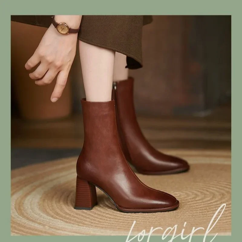 

Autumn and Winter 2023 New Versatile Nude Boots Women's Thick Heel Side Zipper High Heel Simple Casual Square Short Boots Women