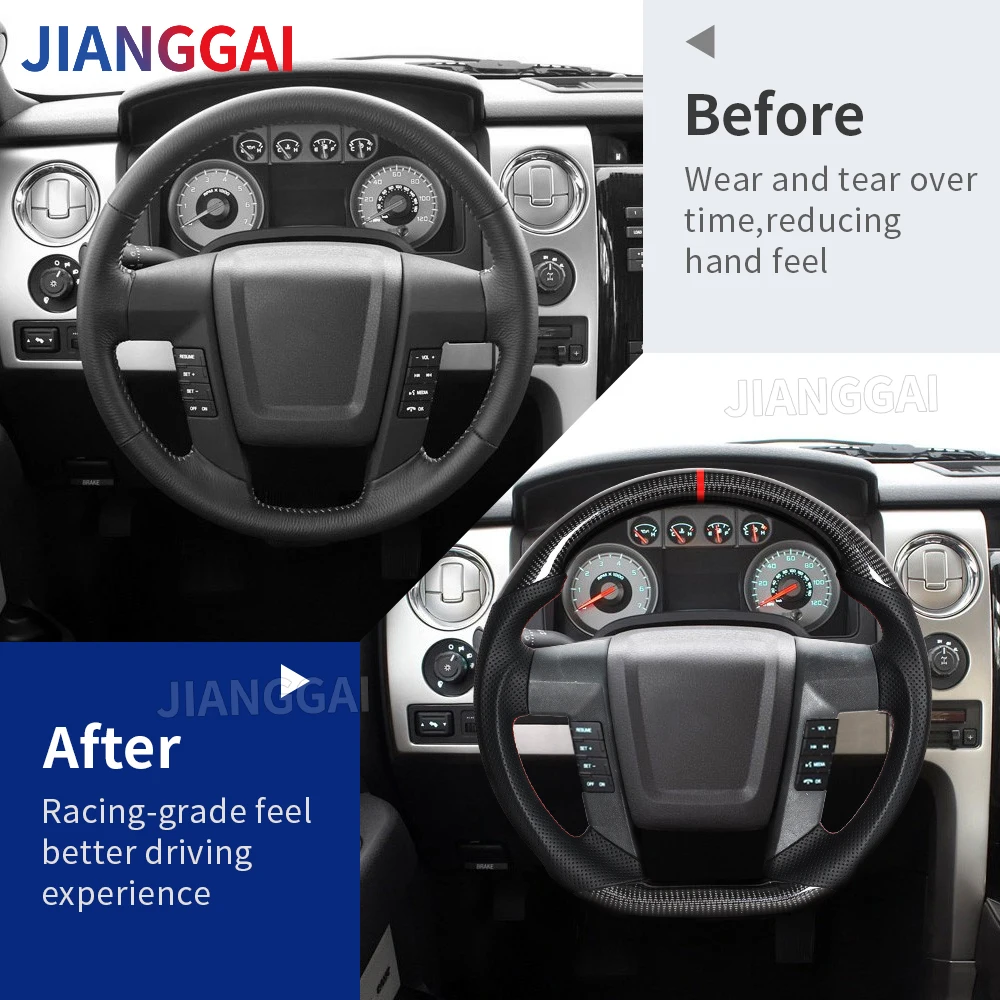 포드 F150 F-150 랩터 2011-2014용 리얼 카본 파이버 스티어링 휠, 레드 스트립 스티어링 휠, 천공 가죽 액세서리