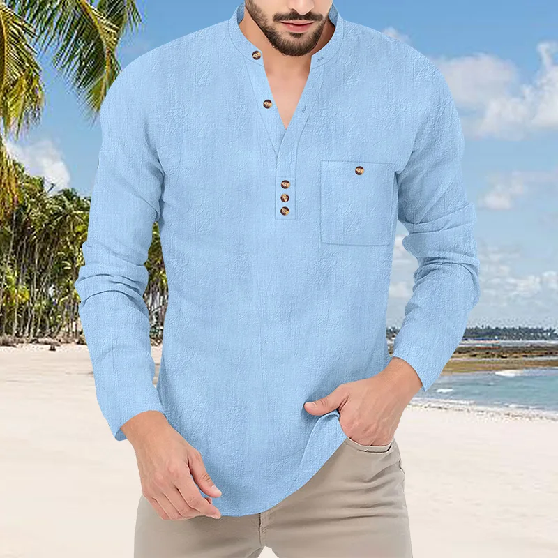 Herren Baumwoll-Leinen Langarm Henley-Hemd mit Stehkragen, Knopfleiste und Brusttasche, Lässiges Atmungsaktives Alltags-, Urlaubs- und Arbeitshemd – Detail 19
