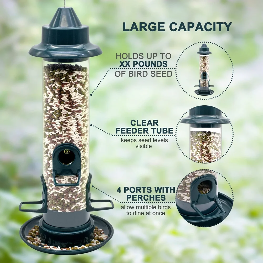 Garden Decoration 15 Inch Outdoor Hanging Wild Bird Feeder Tube Bird Feeder 4 Feeding Ports Waterproof Squirrel Proof