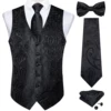 Men's Black Solid Paisley Suit Vest with Necktie Bow Tie Handkerchief Cufflinks Formal Waistcoat for Wedding Prom Tuxedo 1