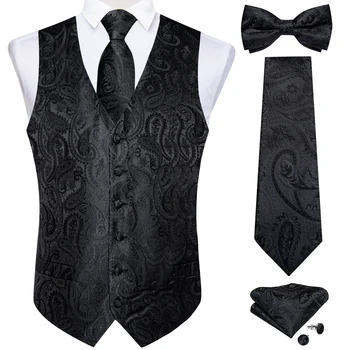 Men's Black Solid Paisley Suit Vest with Necktie Bow Tie Handkerchief Cufflinks Formal Waistcoat for Wedding Prom Tuxedo 1