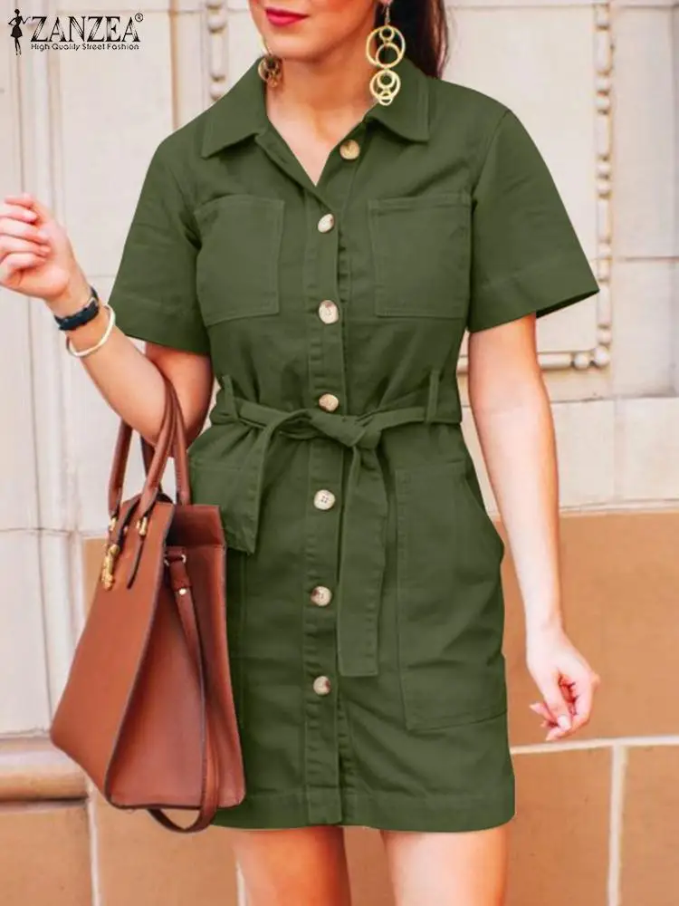 

ZANZEA Woman Elegant Midi Dress Female Fashion OL Work Sundress Summer Vintage Loose Robe Short Sleeve Lapel Neck Dresses