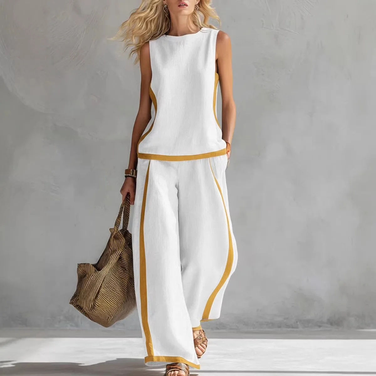 Summer Women's Tracksuit Suit Elegant O-neck Sleeveless Vest Wide-leg Loose Pants Set Female Casual Ladies Two Piece Sets outfit
