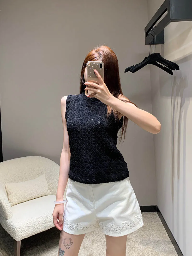 

Solid color fashion simple commuter vest French cutout jacquard design round neck halter short sleeve