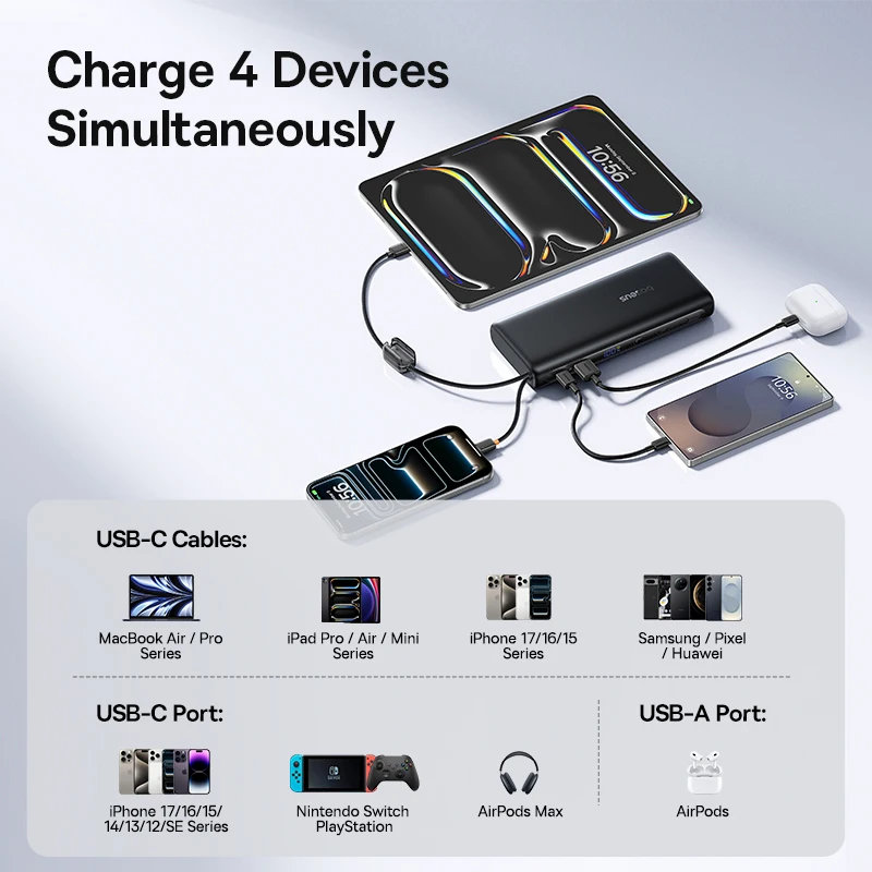 Baseus 25000mAh 145W Power Bank Built-In Dual USB-C Cable Fast Charge Digital Display Power Bank  For Mac iPhone 17 Samsung S25