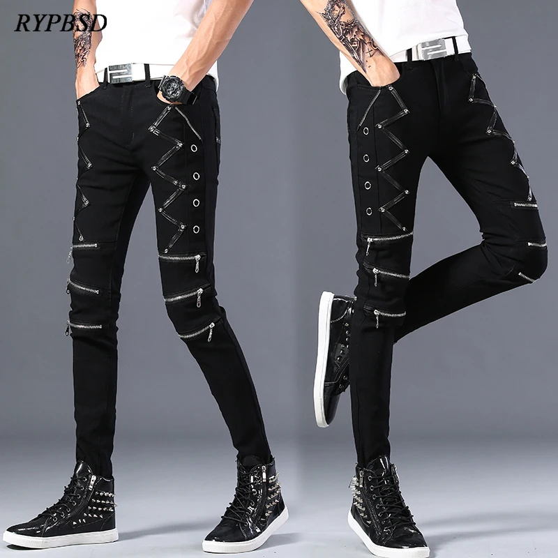 Black Gothic Jeans Pants Men Luxury Korean Fashion Zipper Patchwork Hip Hop Streetwear Desinger Skinny PU Jeans Trousers for Men