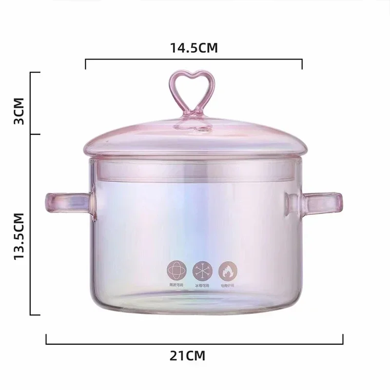 

Borosilicate High-value Cooking Pot High Glass Heat-resistant Open Pan Noodle Binaural Soup Fire Love Cute Instant Pink