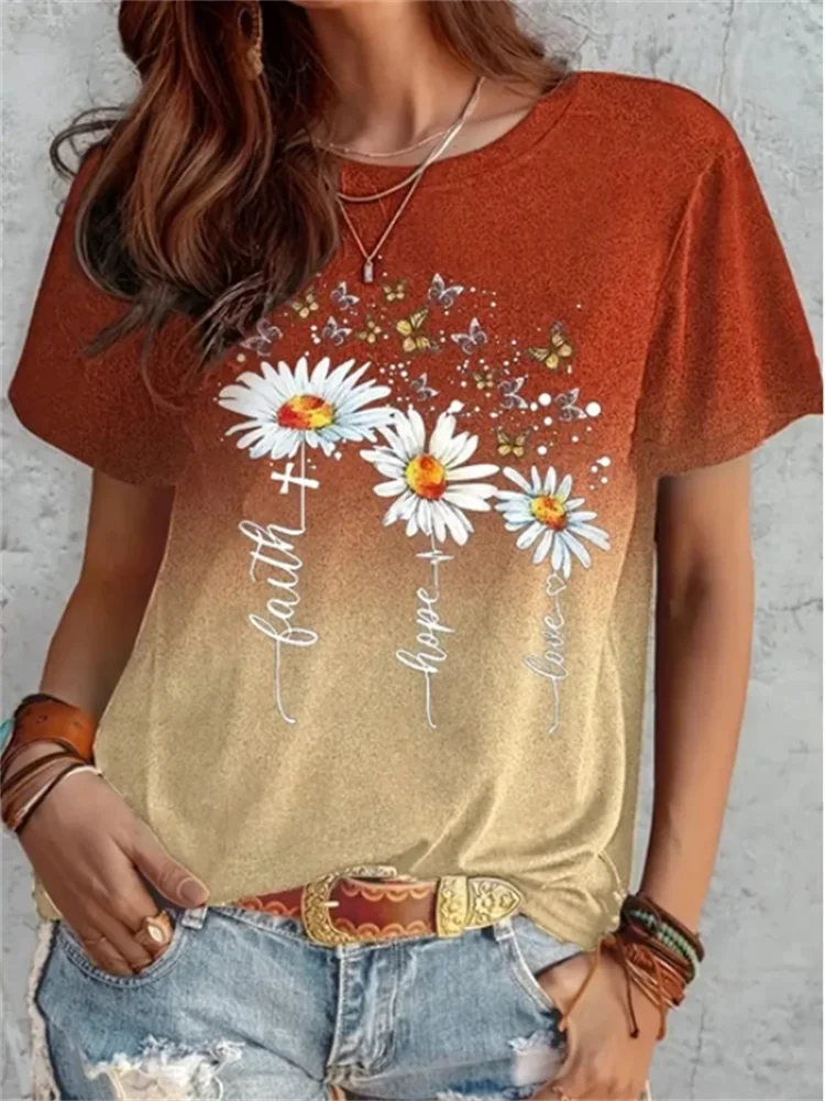 

Mode Farbverlauf Harajuku Frauen T-Shirts lustige 3D-Blumenmuster T-Shirts lässig O-Ausschnitt Kurzarm Tops Sommer lose Mädchen