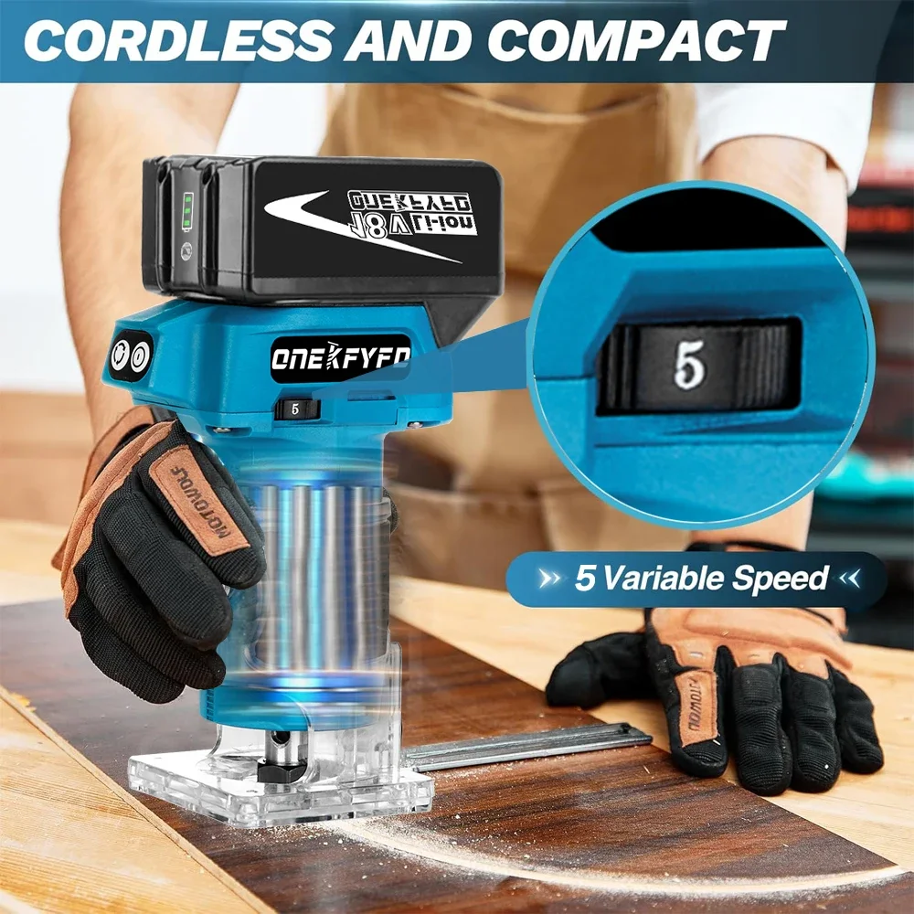 Brushless Electric Trimmer 5 Speed Cordless Engraving Slotting Trimming Milling Wood Router for Makita 18V Battery