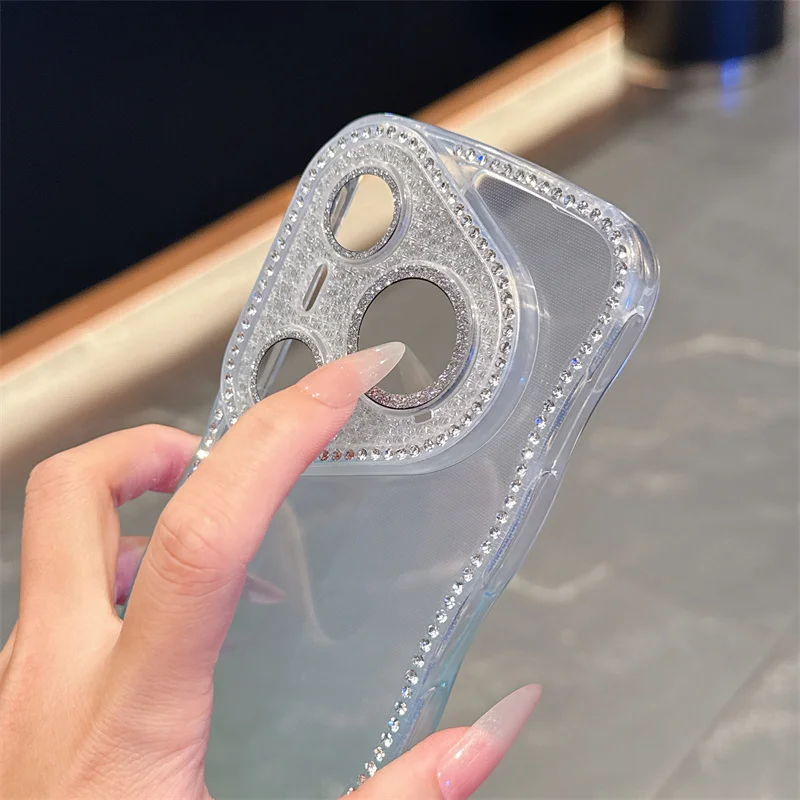Transparent Flash Diamond Gradient Phone Case with Wavy Frame Design - Soft TPU Back Cover