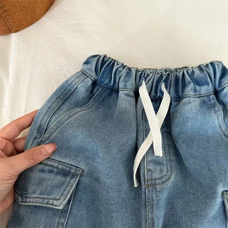 Kids Shorts Boys Girls Denim Shorts Summer Elastic Waist Drawstring Solid Color Pocket Cargo Jeans Baby Boys Casual Shorts