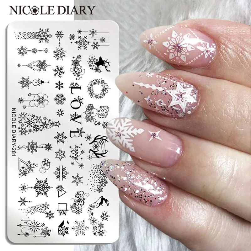 Рождественский шаблон NICOLE DIARY для рисования, зимние снежинки, цветочное изображение, трафарет, форма, инструменты для печати ногтей