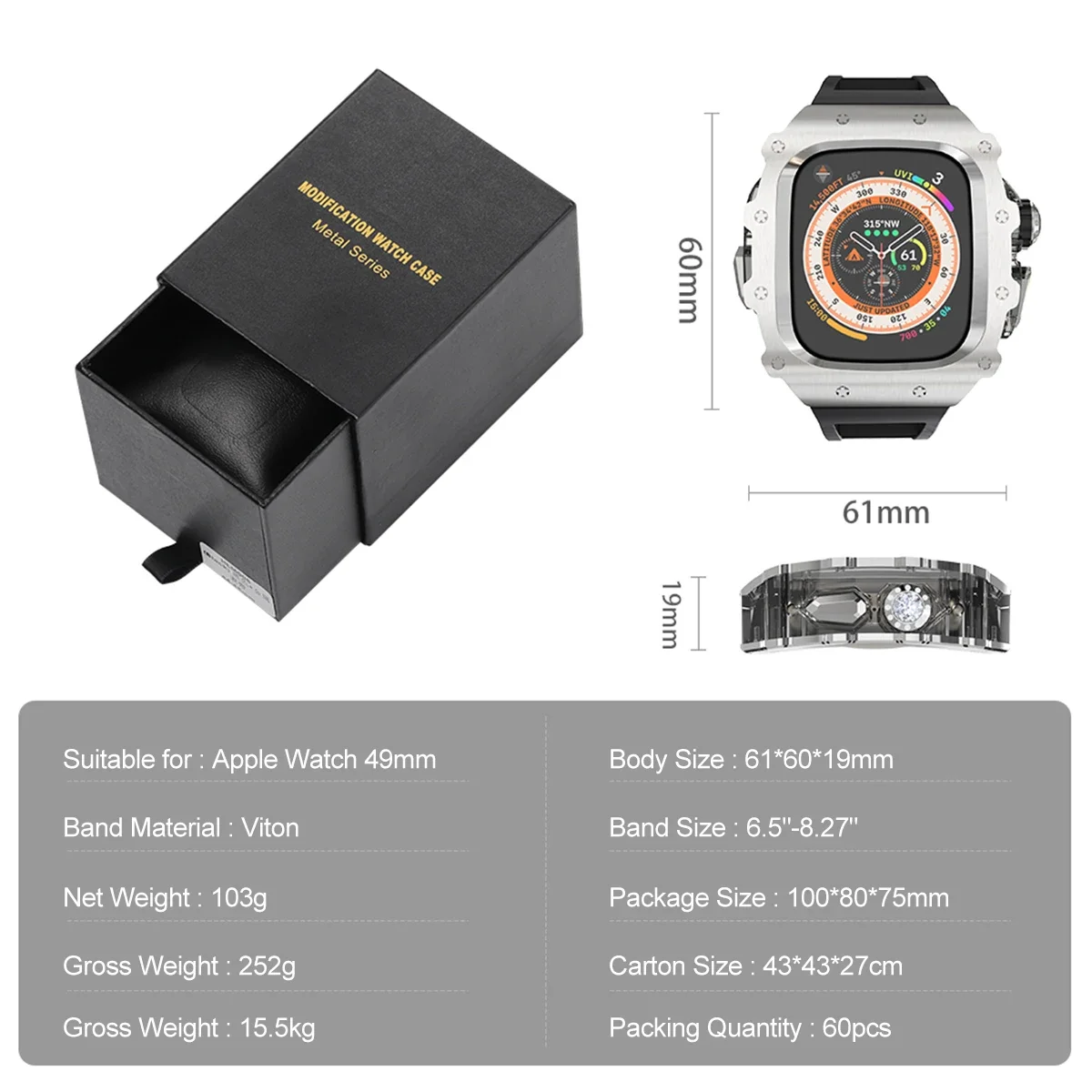 애플 워치용 럭셔리 수정 키트, 울트라 2, 49mm 스테인레스 스틸 케이스, 아이워치 9, 8, 7, 6, 45mm, 44mm, 크리스탈 단추 스포츠 밴드