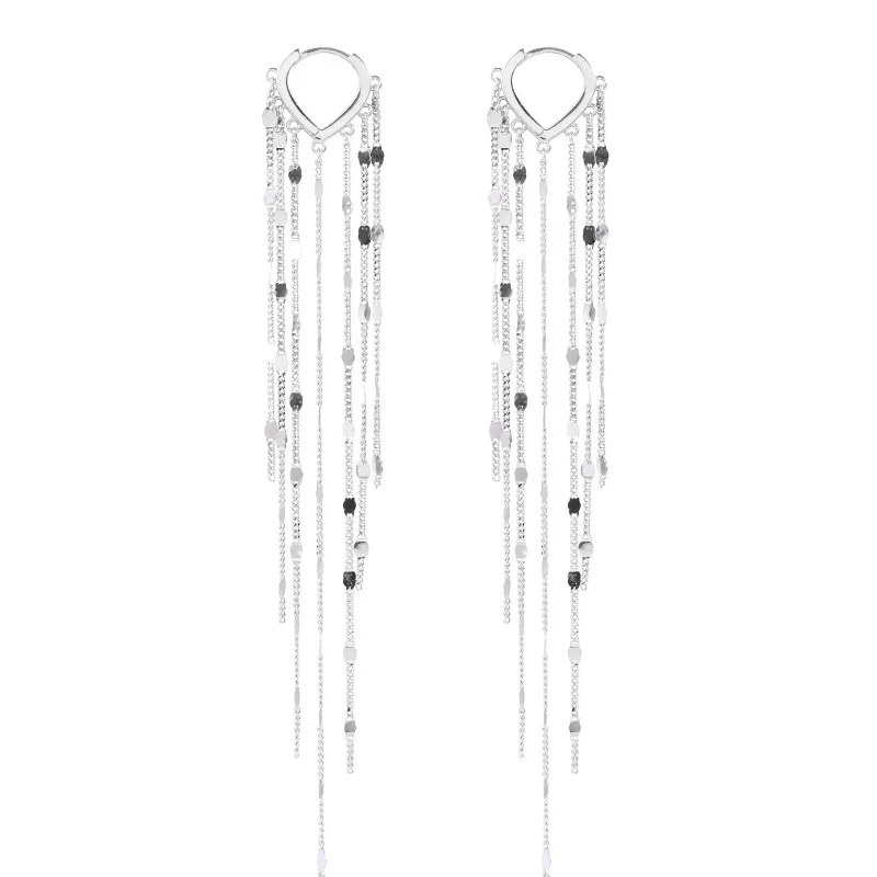 Silver Hand-made Long Chain Tassel Love Heart Hoop Earrings For Women hoop earrings,silver jewelry,long earrings,crystal tassel earrings