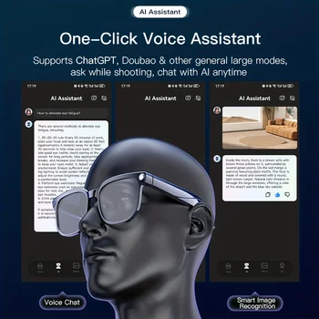 Camera video glasses, smart translation, object recognition via camera, Q&A interaction, Hi-Fi music, and high-definition calls. 3