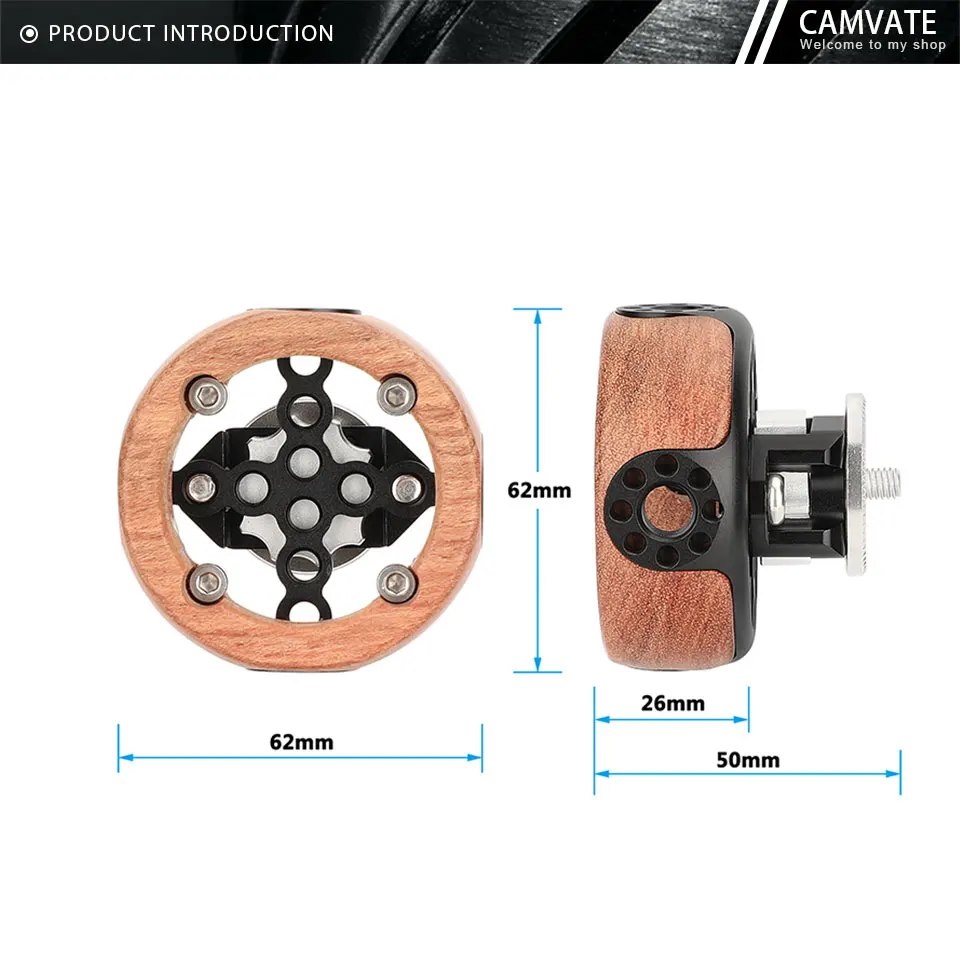 Round Camera Wooden Handgrip with ARRI Rosette M6 Thread Mount & 3/8"-16 ARRI Ac