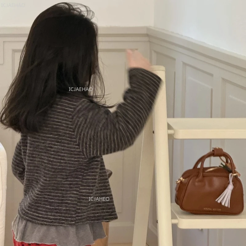 Girls Korean Style Toddler Soft Cotton Blend Casual Kids Outerwear Striped Cardigan Round Neck Open Front Coat Autumn Children - 6