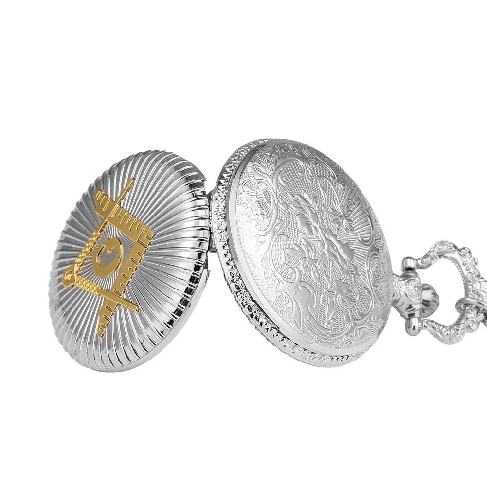 Cool Silver & Golden Masonic Freemason Freemasonry Theme Alloy Quartz Fob Pocket Watch With Necklace Chain Free Drop Shipping
