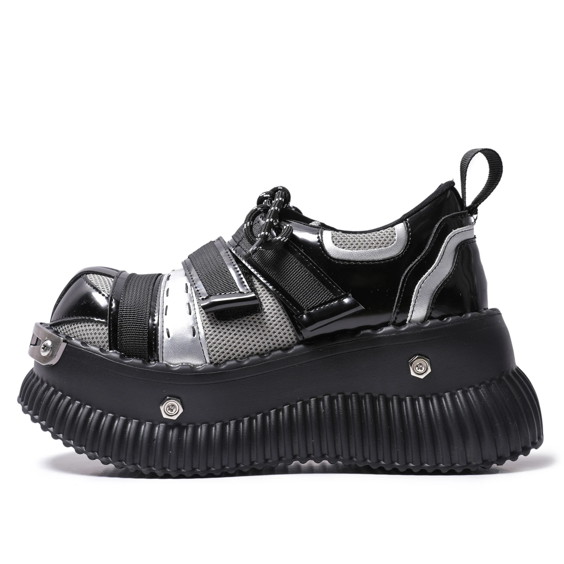 Black Punk Style Metal Decorate Height Increas Ankle Boots Glossy Thick Sole All-Match Casual Shoes Round Toe 7CM Heel Boots 6