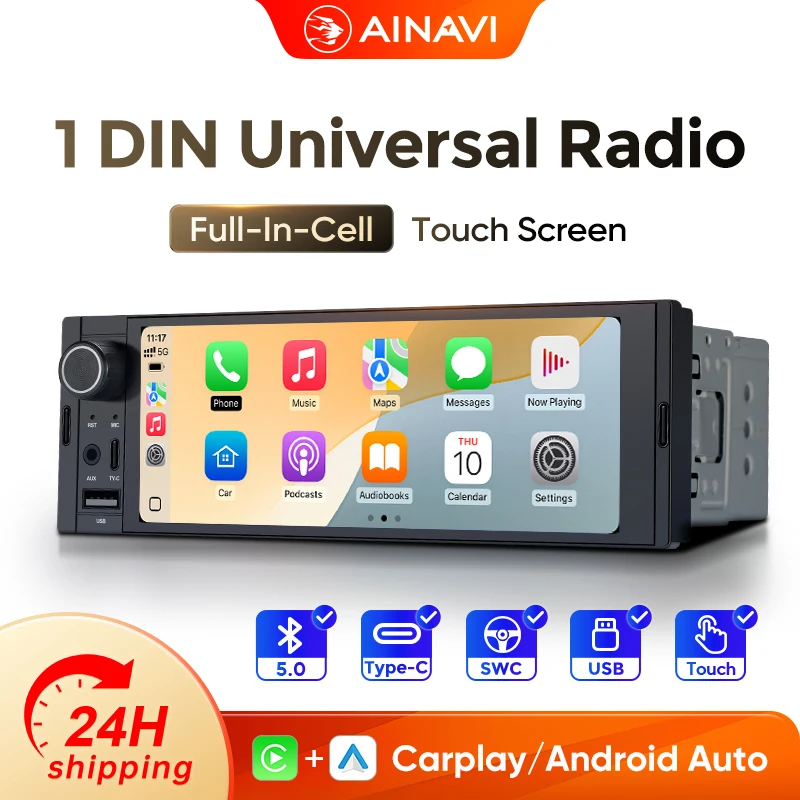 AINAVI K40 Universal 1 Din MP5 Tipo-C USB BT Pantalla HD IPS Carplay Radio para Auto Inalámbrico Android Auto Multimedia para Auto 1 Din Estéreo para Auto