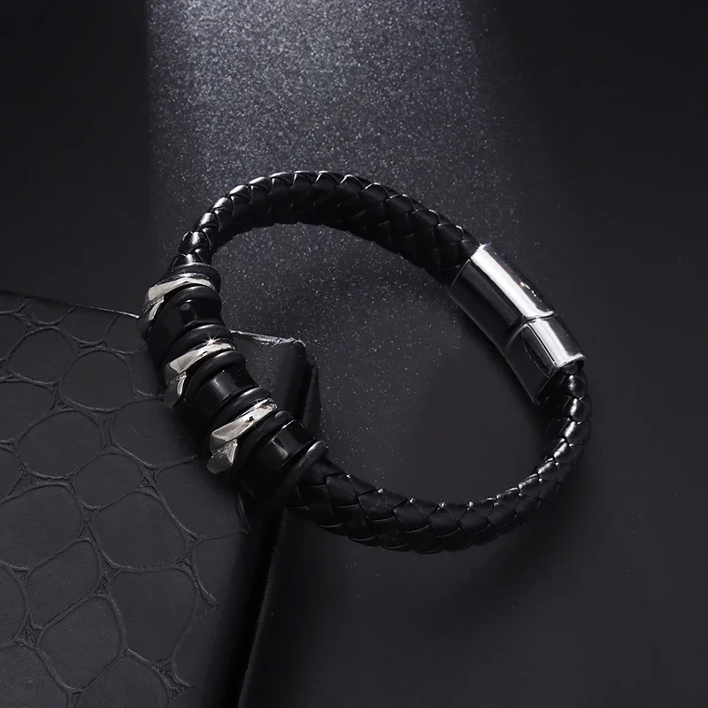 Men's Classic Magnetic Black Leather Rope Chain Charm Bracelet Sports Casual Style
