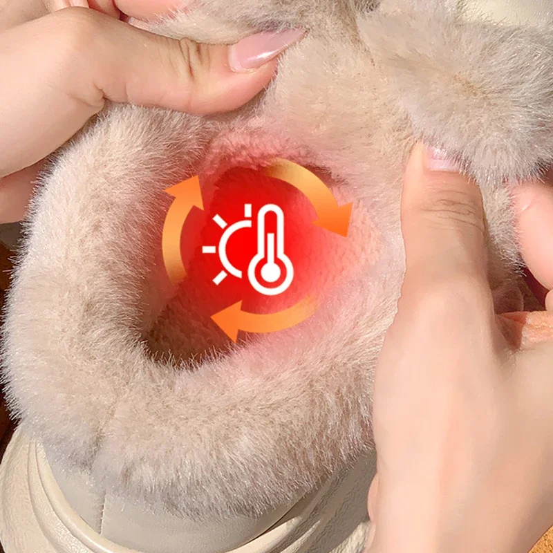 Faux Rabbit Fur Bowknot Snow Boots Women Lightweight Chunky Platform Fluffy Ankle Boots Woman Non Slip Warm Cotton Padded Shoes