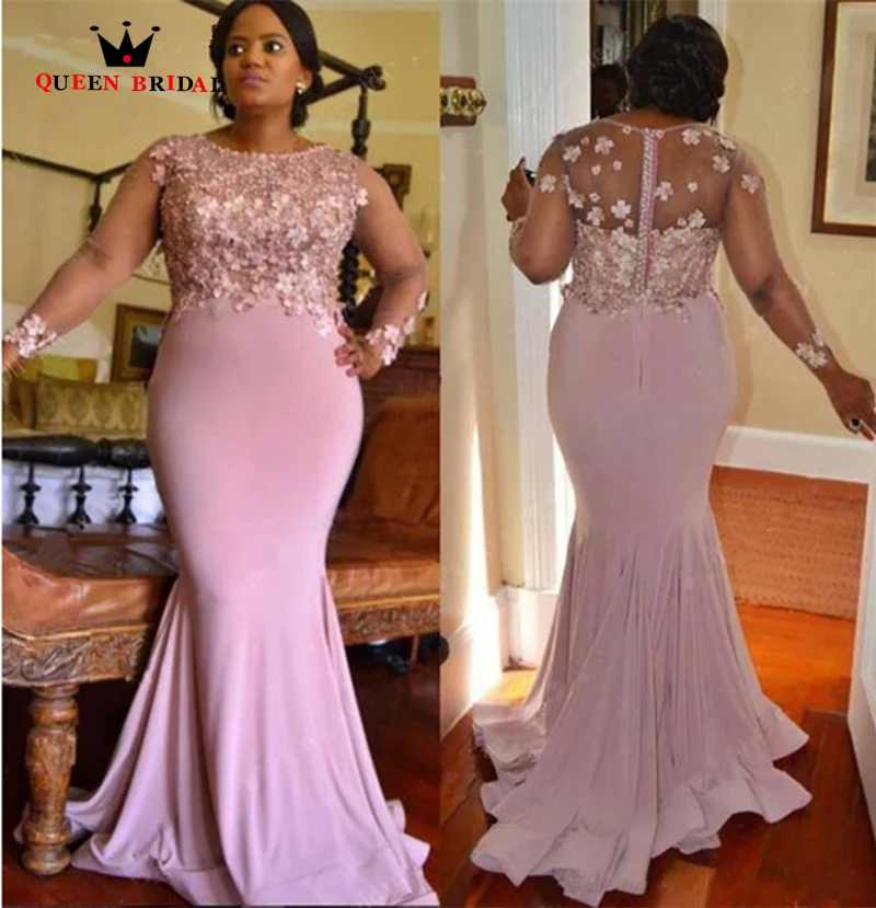 

Pink Mermaid Arabic Mother of the Bride dress Lace Long Sleeves Beaded Maid Of Honor Dresses Formal Party Dresses RF01