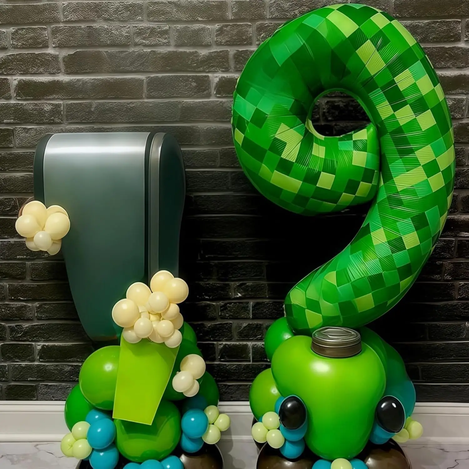 Giant Green Pixel Grid Miner Themed Aluminum Foil Number Balloons