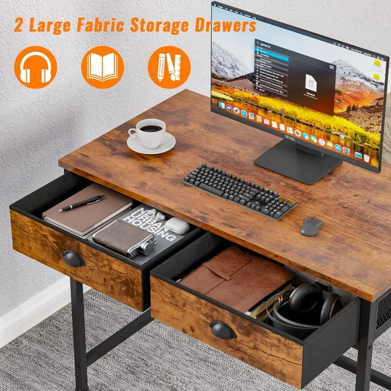 Computer Desk with 2 Fabric Drawers, 36 Inch Small Home Office Writing Desk, Vanity Desk with Hooks, Simple Study Desk 4