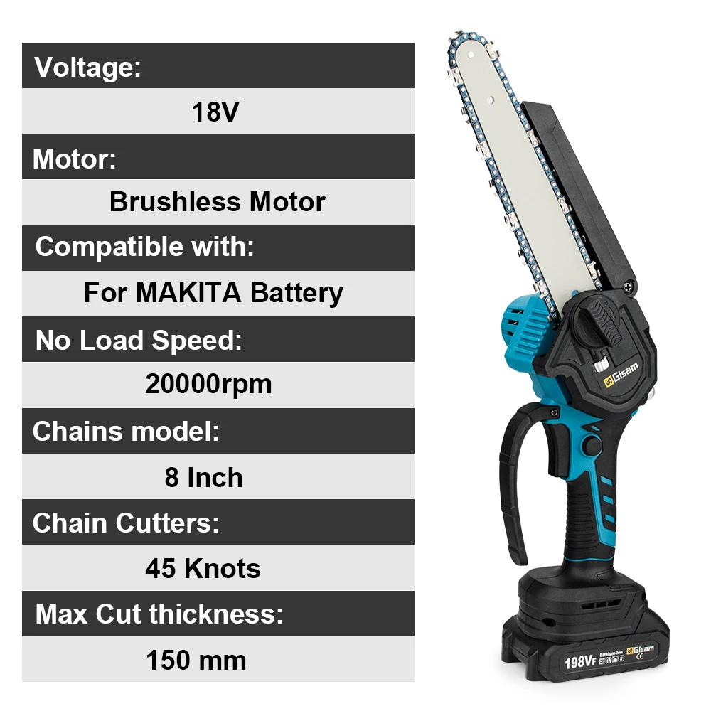 8 Inch Brushless Electric Chain Saw Cordless Woodworking Handheld Pruning Chainsaw Garden Cutting Tools for Makita 18V Battery 5