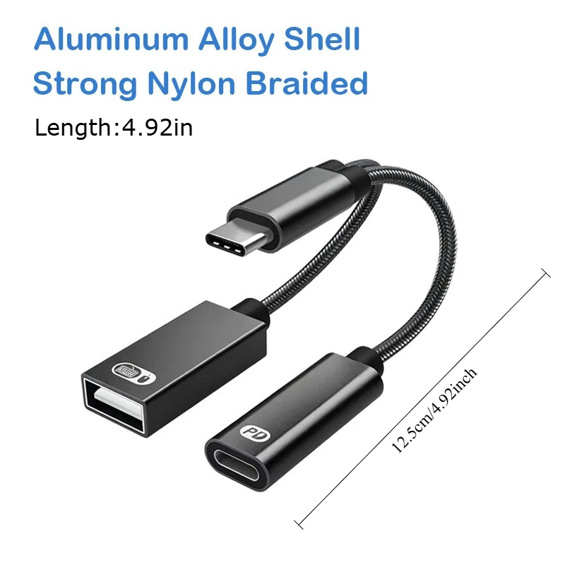 사무용 필수품 2-in-1 USB-C OTG 어댑터(PD 고속 충전 기능 포함), Type-C(수) - USB-A + Type-C(암) 분배기, 호환 가능