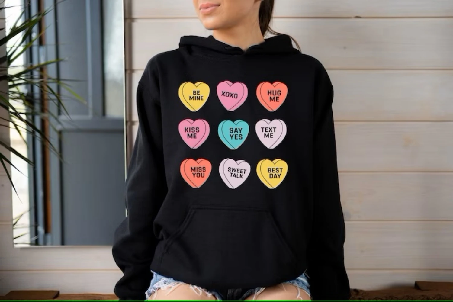 Cute Heart Hoodie Valentine's Day Conversation Hearts Women's Sweatshirt Sweet Creative Unique Rare Winter Clothes