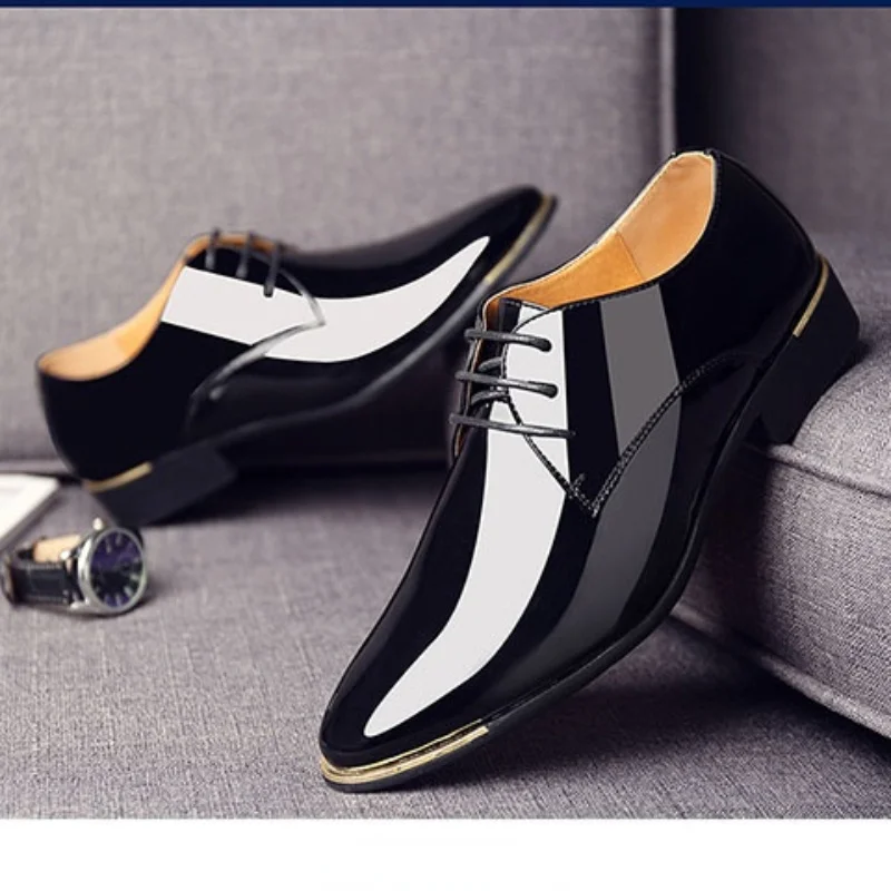 Black Leather Low Top Men Dress Shoes Solid Color Patent Leather Shoes White Wedding Size 38-48 leather shoes
