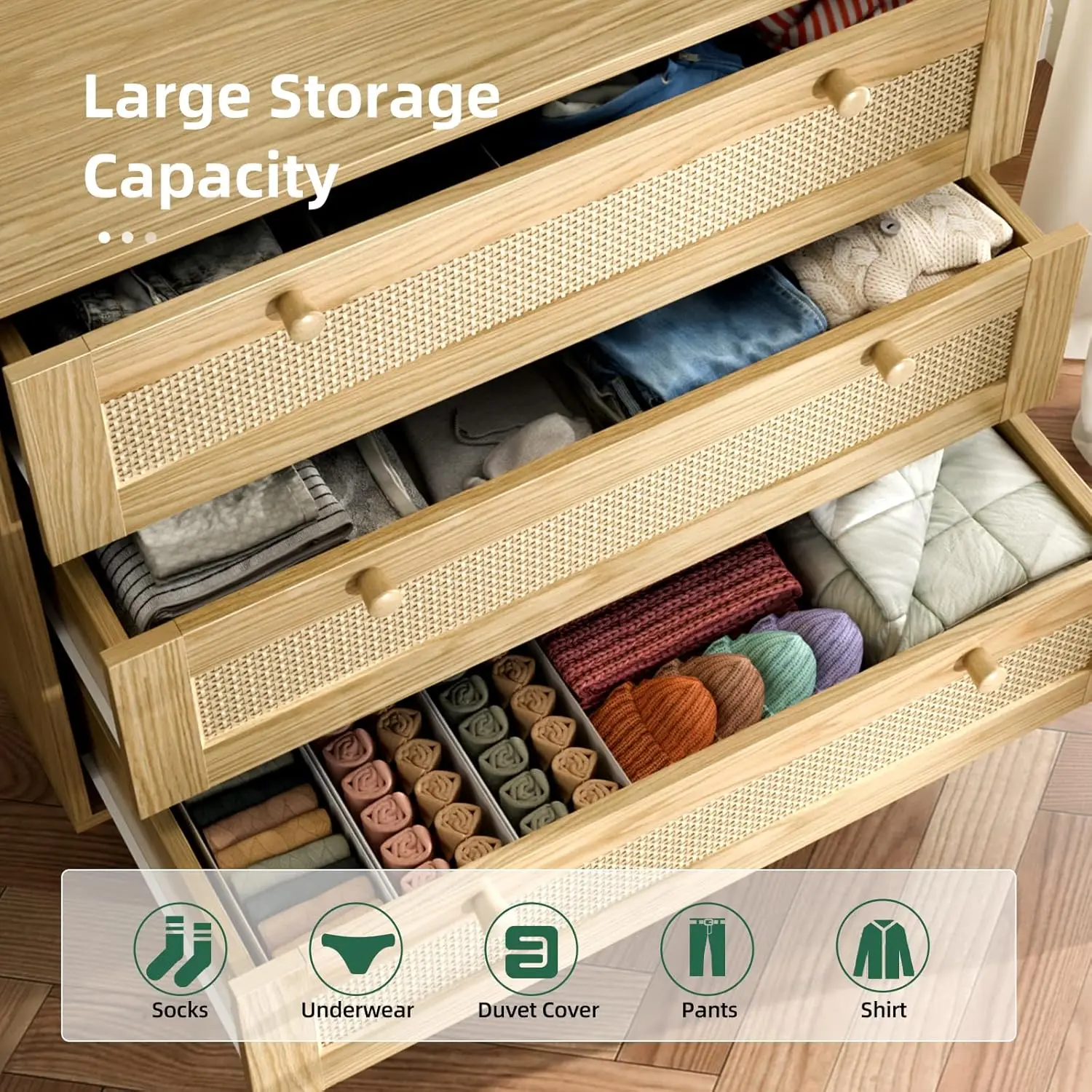3 drawer rattan dresser for bedroom modern wooden chest with handles