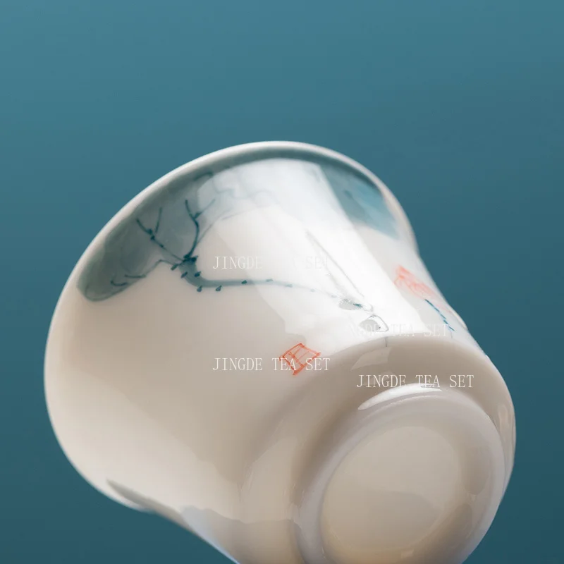1pcs Hand Drawn Small Tea Cup Made of Sheep Fat Jade Household High-end Tea Cup Ceramic Drinking Utensils Tea Set Accessories