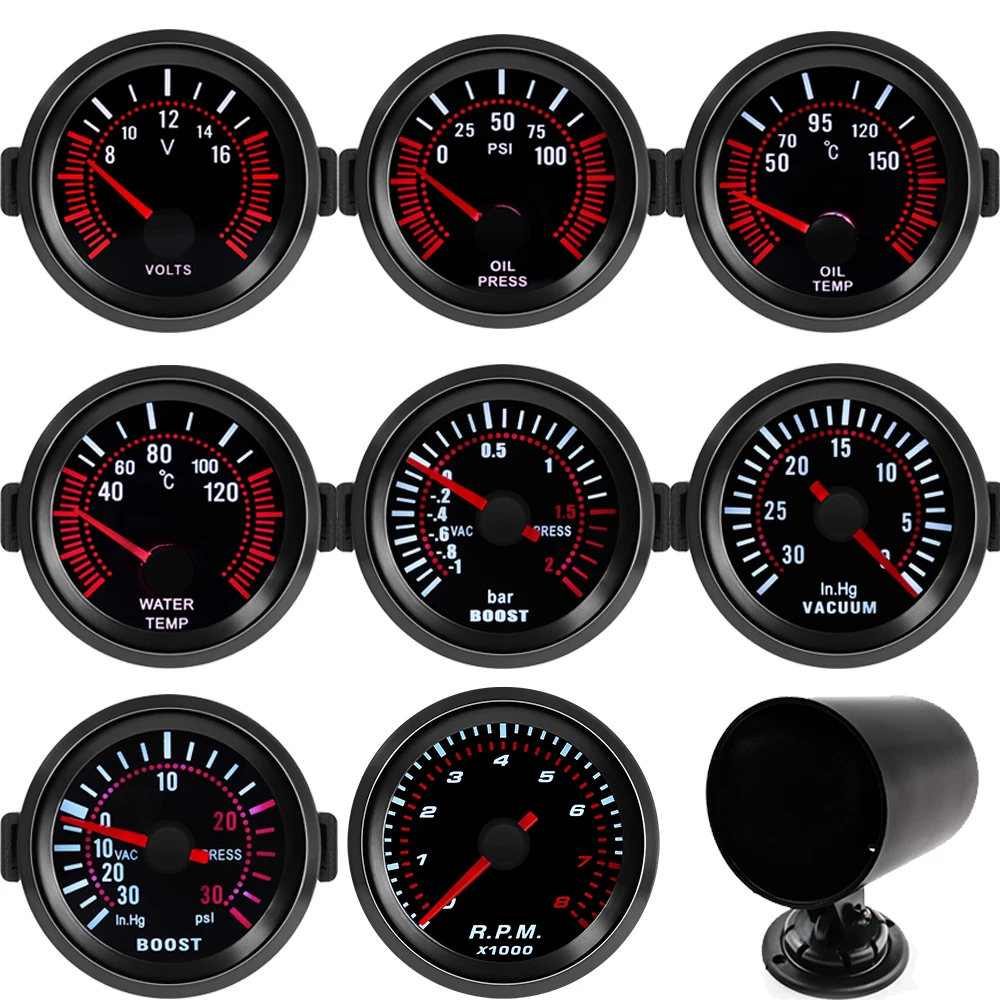 52MM 자동차 게이지 연기 렌 레드 포인터 타코미터 RPM 터보 부스트 게이지..