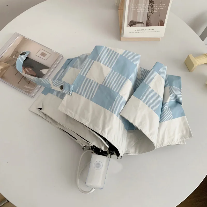 Automatic Open Close Minimalist Checkered Umbrella UV50+ Sun Protection Compact Folding Umbrella for Women