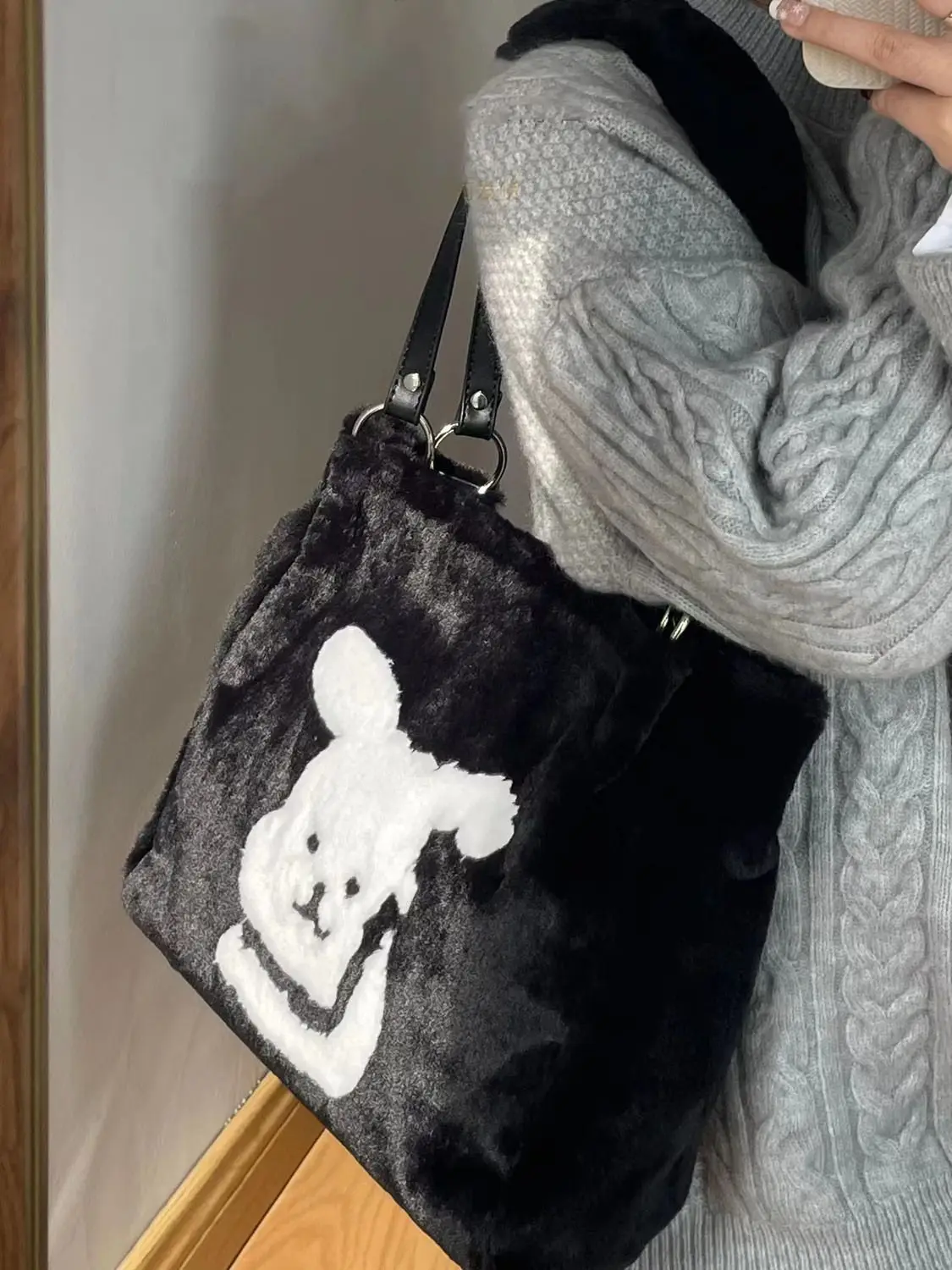 JIAERDI Harajuku Black Tote Bag Women New Autumn Plush Animal Pattern Casual Shoudler Bag Female Vintage Black Underarm Bag Y2k