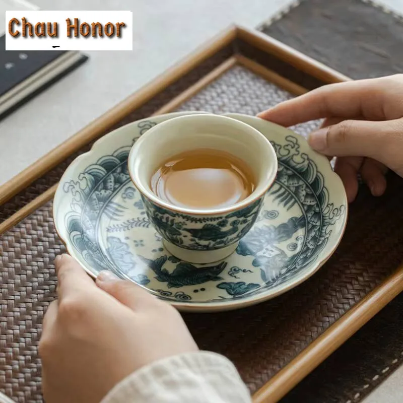 Ru Kiln Teapot Holder Bowl Boutique Fish And Algae Patterns Fruit Plate Zen Ceramic Tea Plate Retro Dry Brew Table Tea Tray Gift