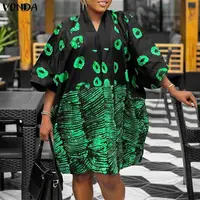 Plus Size Bohemian Vestidos 5XL VONDA Print Mini Dresses Women 3/4 Sleeve V-Neck Casual Loose Party Holiday Autumn Fashion Robe - Image 3