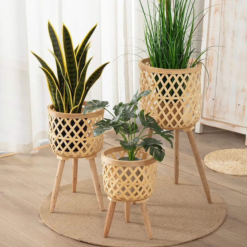 Elegant Wood Woven Standing Planter Basket with Legs