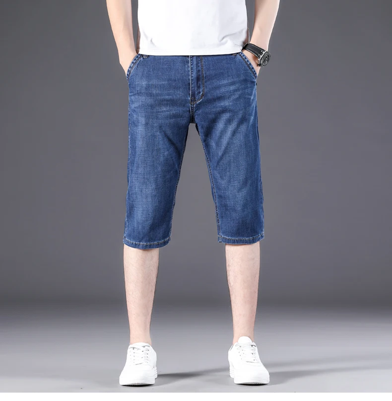 Men's Summer Thin Short Jeans 2022 new Stretch Loose Straight Men's Knee Denim Cropped Pants black blue best men's casual shorts