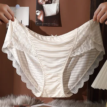 5XL Large Plus Big Size Women Luxury Elegant Stripe Sexy Lace Underwear Breathable Thin High Elasticity Soft Panties Breifs