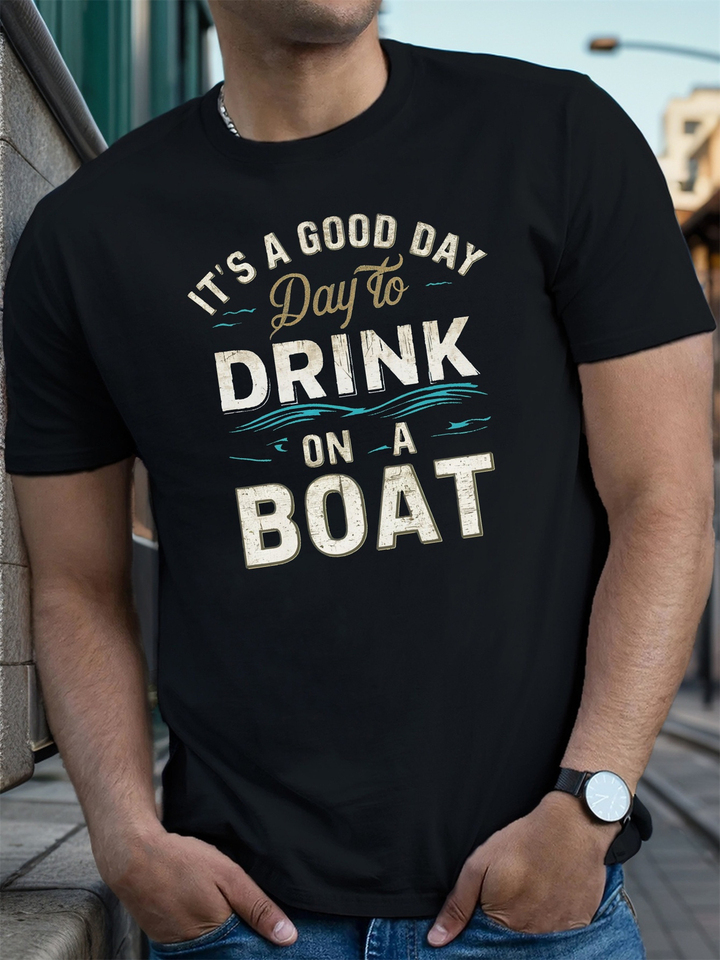 Men's summer 100% pure cotton fashionable casual loose fitting boat drinking pattern printed round neck short sleeved T-shirt