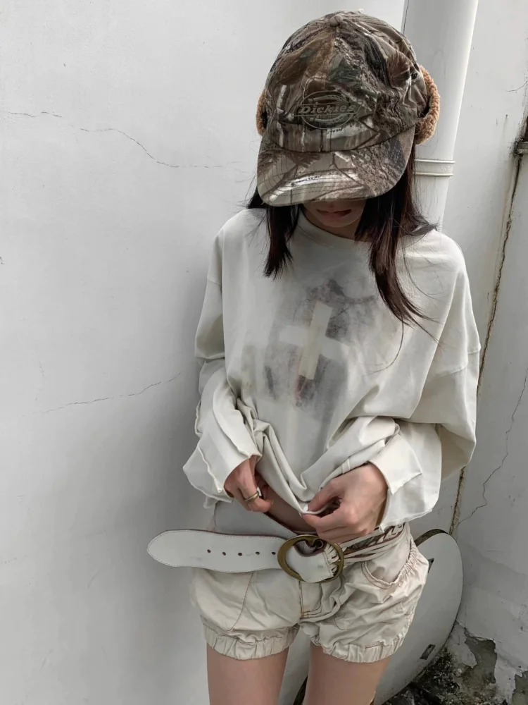 White Y2K Punk Cross Print T Shirt Women Loose Fit Long