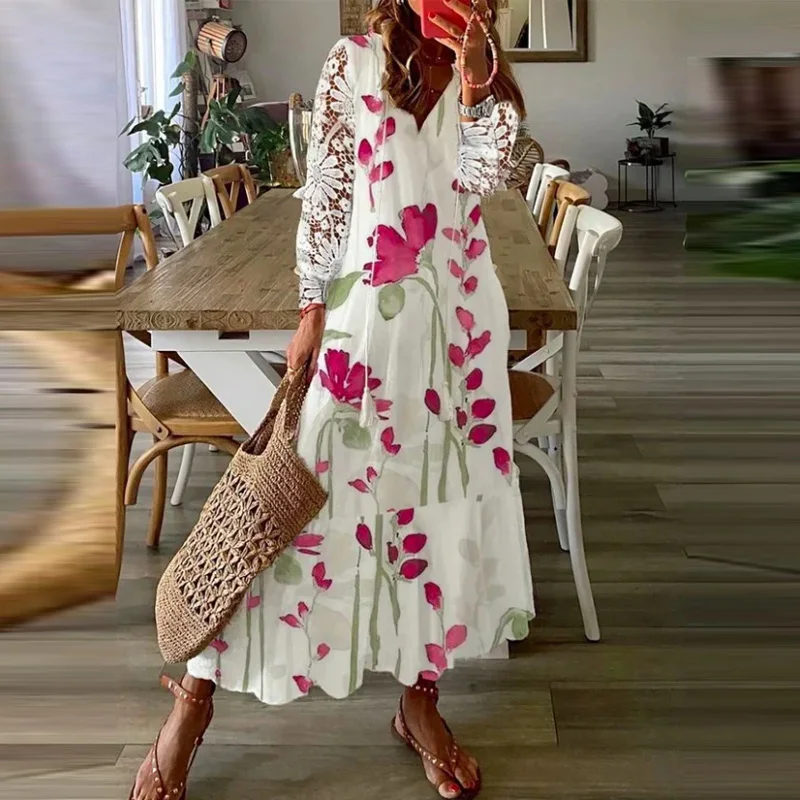 Vestido Largo De Verano Para Mujer, Manga Corta, Floral, Liso