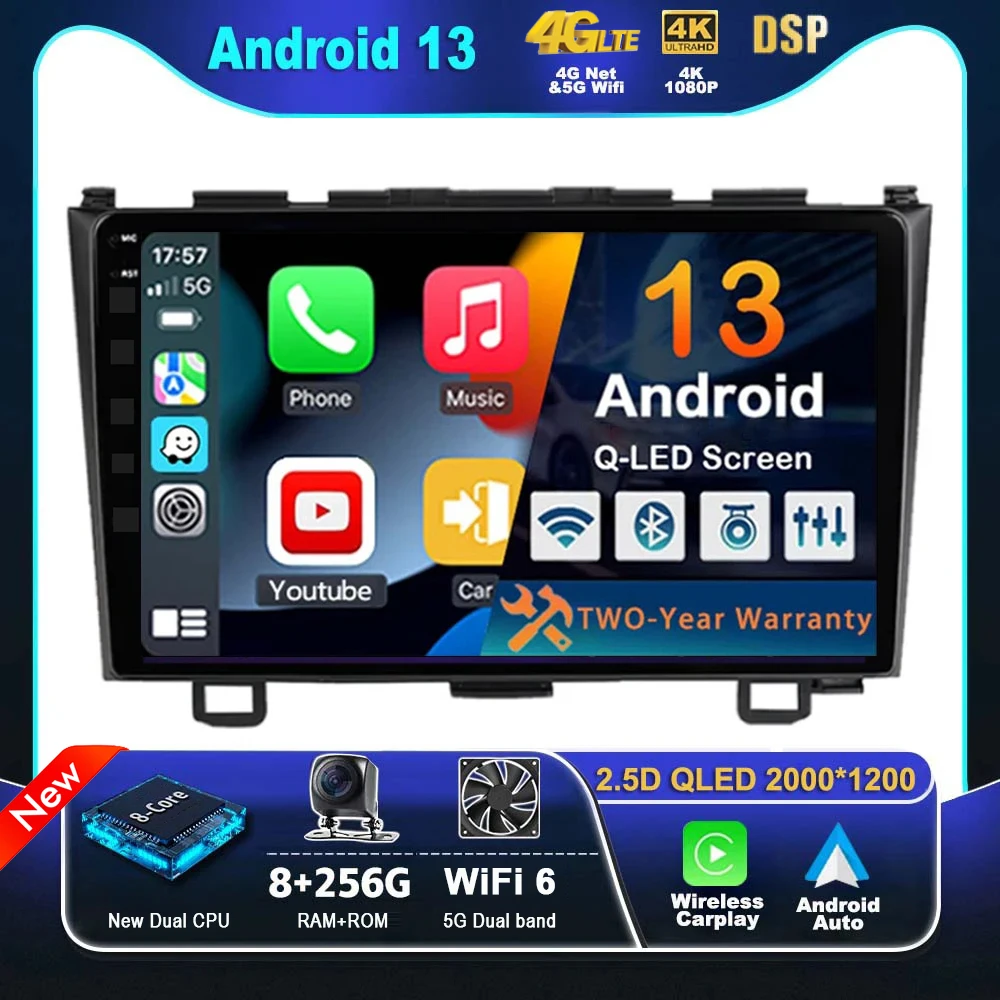 Android 13 Autoradio Per Honda Crv Cr-V 3 Re 2007 - 2011 Navigazione Gps Lettore Multimediale Stereo Wifi + 4G Bt Carplay + Auto 2 Din