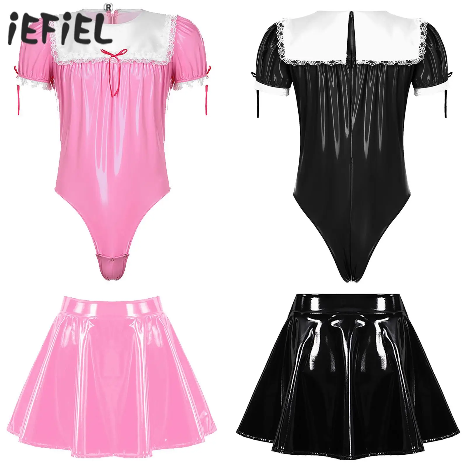 

Mens Sissy Crossdresser Maid Cosplay Costume Set Patent Leather Puff Sleeve Lace Trim Zipper Bodysuit with A-Line Flared Skirt